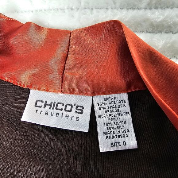 Chico’s Travelers Kimono Jacket Size 0(S/M) Brown&Orange Mixed Print Made in USA - Picture 8 of 9